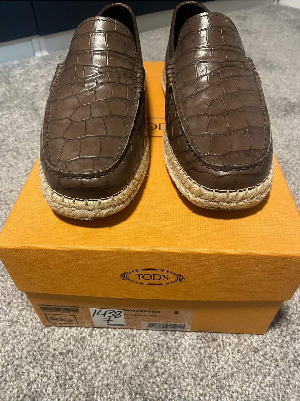 Tod's Brown Croc-Embossed Leather Espadrille Slip-Ons
